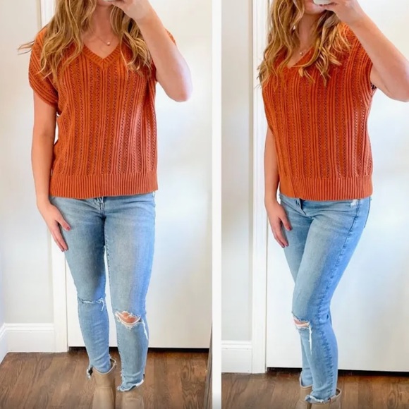 [Joie] V-Neck Dolman Short Sleeve Knit Sweater Burnt Orange Rust Size Small - Picture 3 of 11
